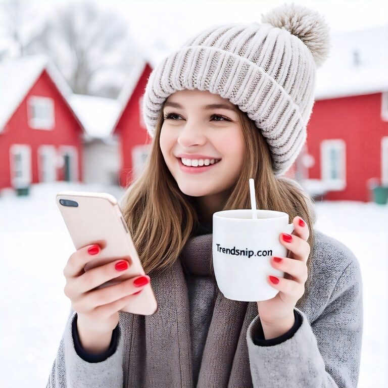 Young girl in a winter hat smiling while scrolling on her phone and holding a cup with 'Trendsnip.com' printed on it, with red houses and snow in the background