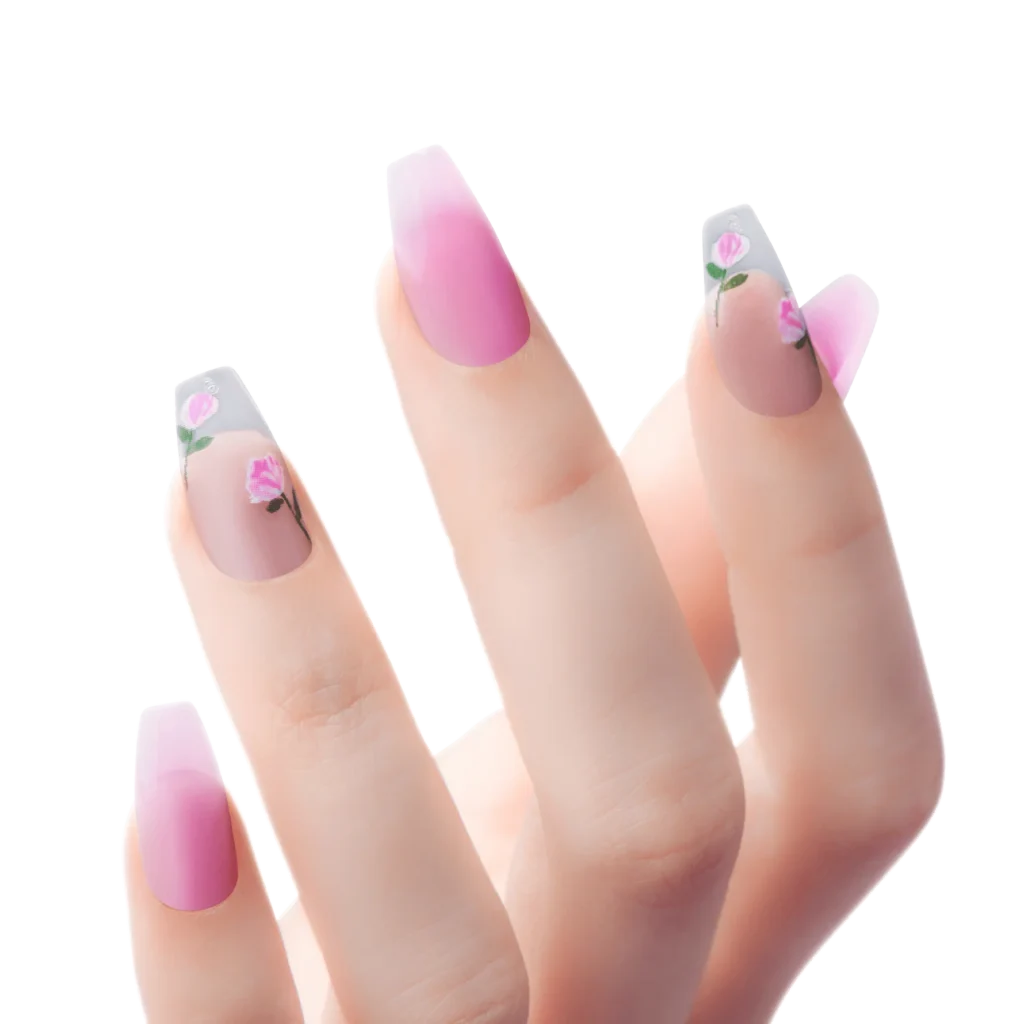 New Year Nails featuring translucent pink jelly nails with delicate floral accents, inspired by an English garden theme, perfect for festive gatherings and springtime elegance.