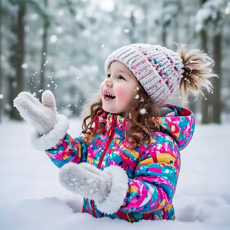 A cheerful little girl in a colorful jacket and knitted hat catching snowflakes in a snowy winter park, surrounded by frost-covered trees and sparkling snow