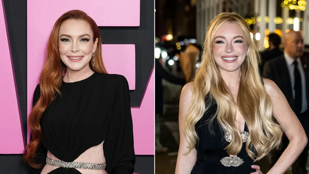 Lindsay Lohan in January 2024 (left) compared to her appearance in December 2024, showcasing her transformation over the year