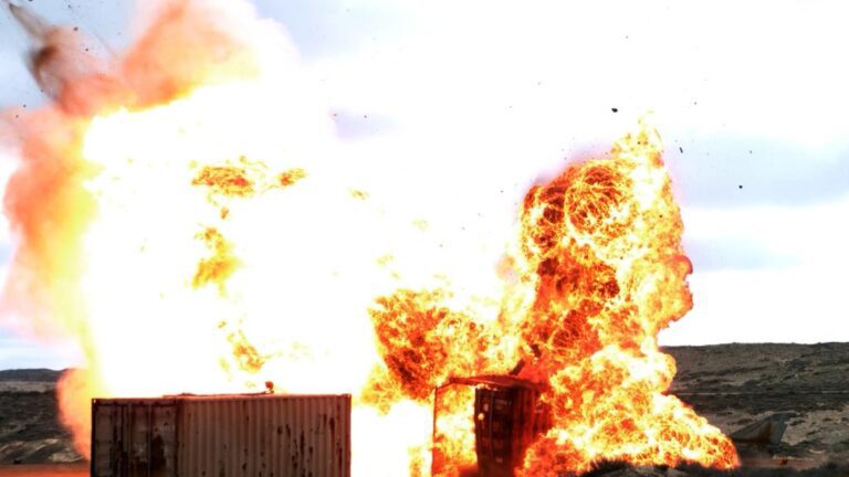 Moment of Impact Tomahawk Missile Strikes Shipping Container During Test Fire. Image