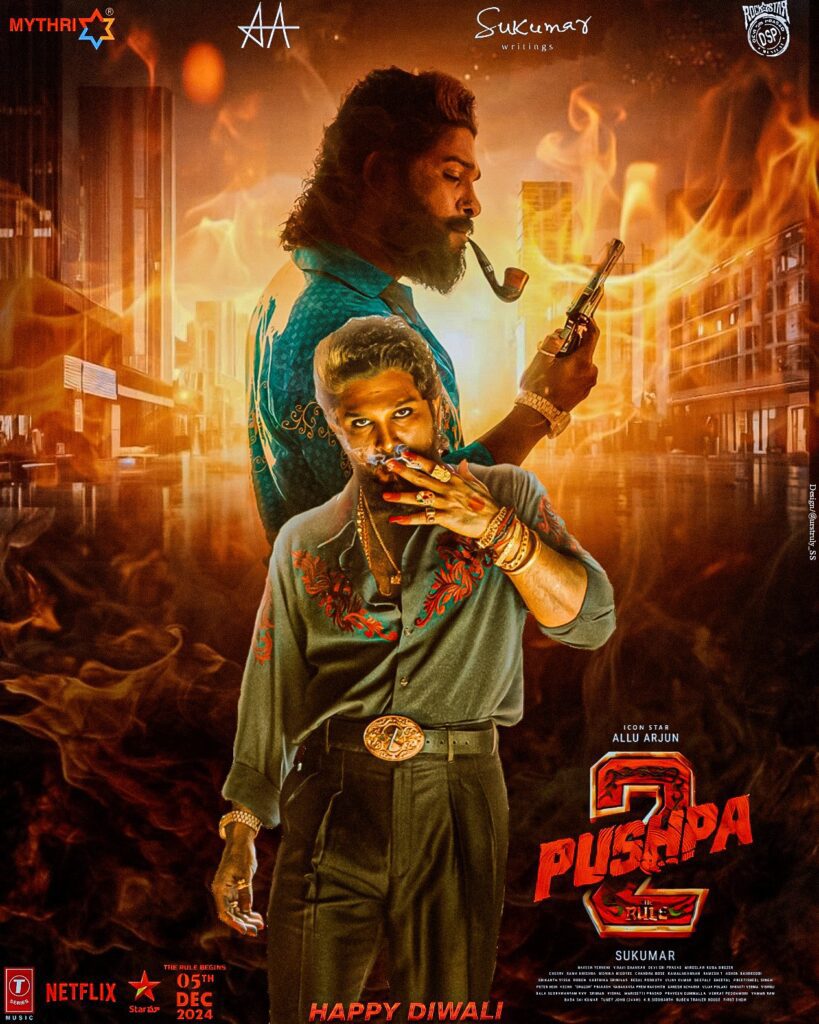 New poster for Pushpa 2 featuring Allu Arjun and Rashmika Mandanna, highlighting their intense characters
