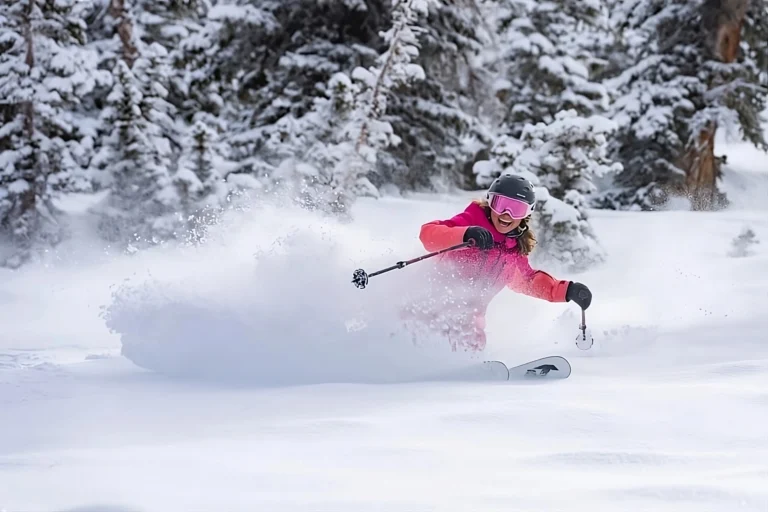 Skier in pink jacket carves through deep powder snow on a sunny day in the Alps, with snow-covered evergreen trees in the background