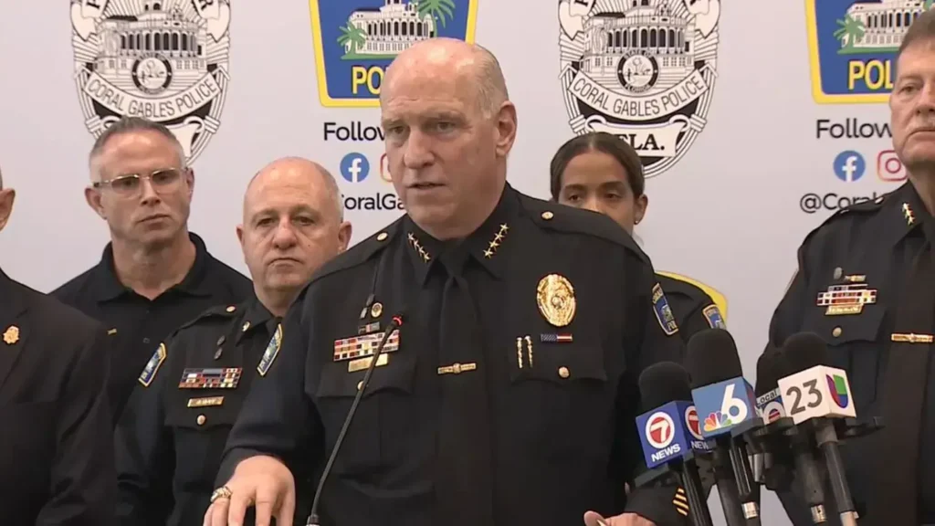 Coral Gables Police Chief Edward James Hudak Jr. addresses reporters about migrants found in a U-Haul.