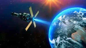SikhoAI Realistic satellite station sending data to Earth, with a futuristic backdrop.