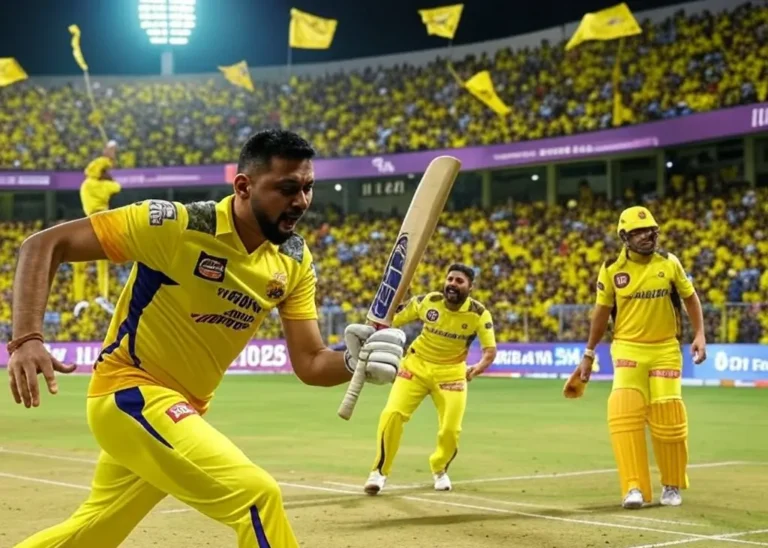 A vibrant digital illustration of the CSK vs SRH IPL 2025 match at MA Chidambaram Stadium, showing CSK's Ayush Mhatre hitting a boundary, SRH's Mohammed Shami celebrating a wicket, and MS Dhoni leading the team. The Chepauk crowd, split between yellow CSK and orange SRH fans, cheers under floodlights with the IPL 2025 logo glowing.
