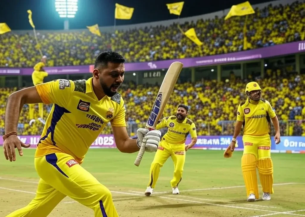A vibrant digital illustration of the CSK vs SRH IPL 2025 match at MA Chidambaram Stadium, showing CSK's Ayush Mhatre hitting a boundary, SRH's Mohammed Shami celebrating a wicket, and MS Dhoni leading the team. The Chepauk crowd, split between yellow CSK and orange SRH fans, cheers under floodlights with the IPL 2025 logo glowing.