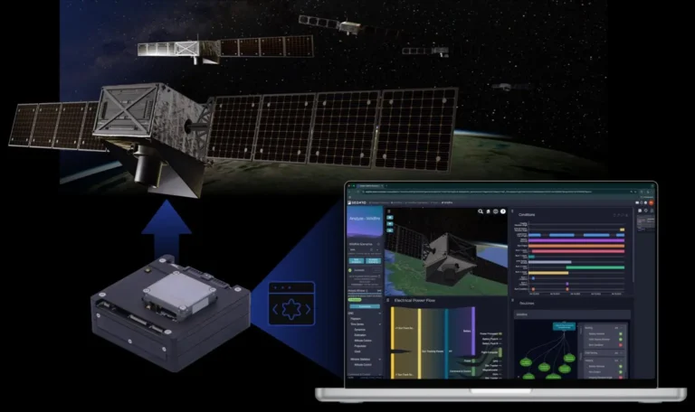 Illustration of the NOVI SP240 processor on board a satellite running Sedaro’s Autonomy Framework for the Edge.