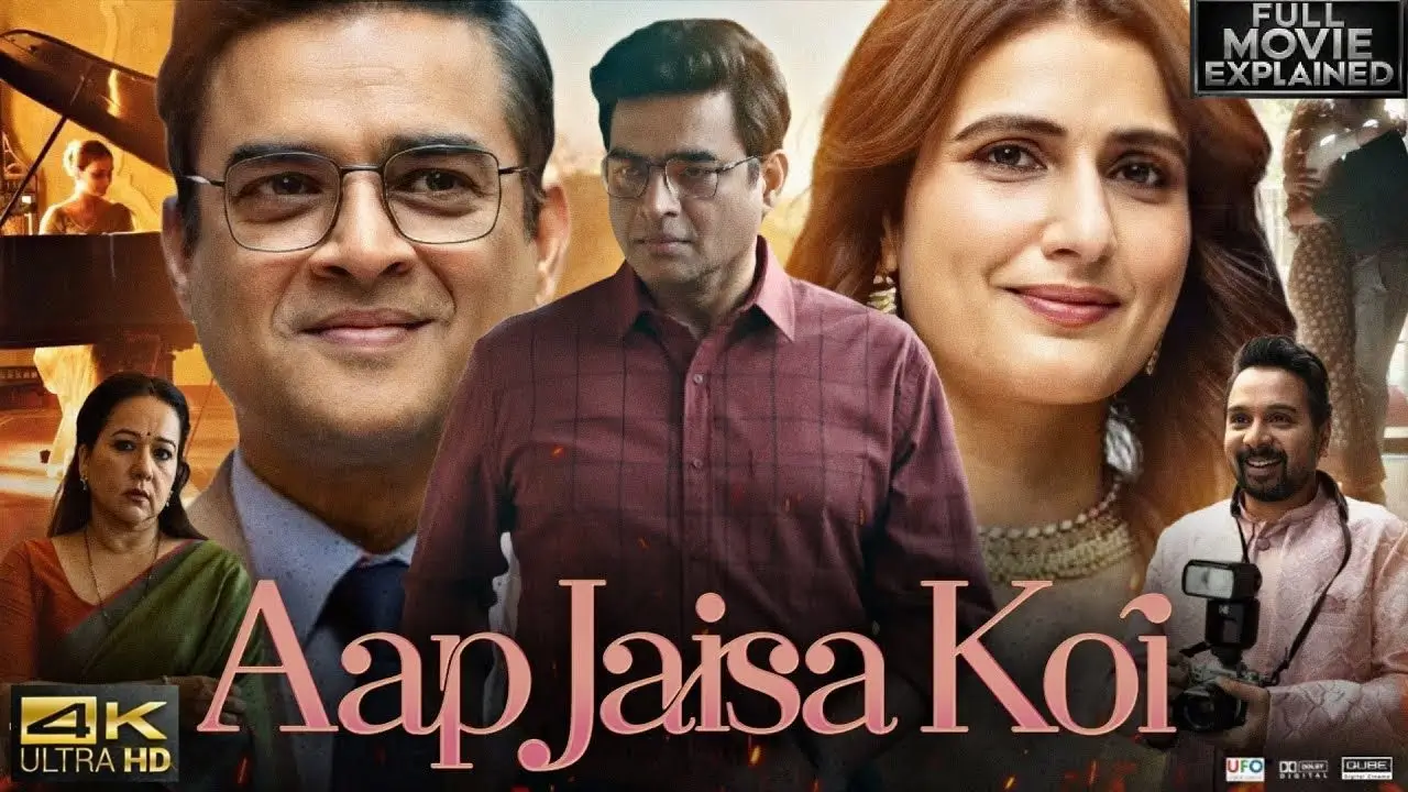 SikhoAI Official poster of Aap Jaisa Koi movie featuring R Madhavan and Fatima Sana Shaikh, a Netflix original film about modern love and equal relationships.
