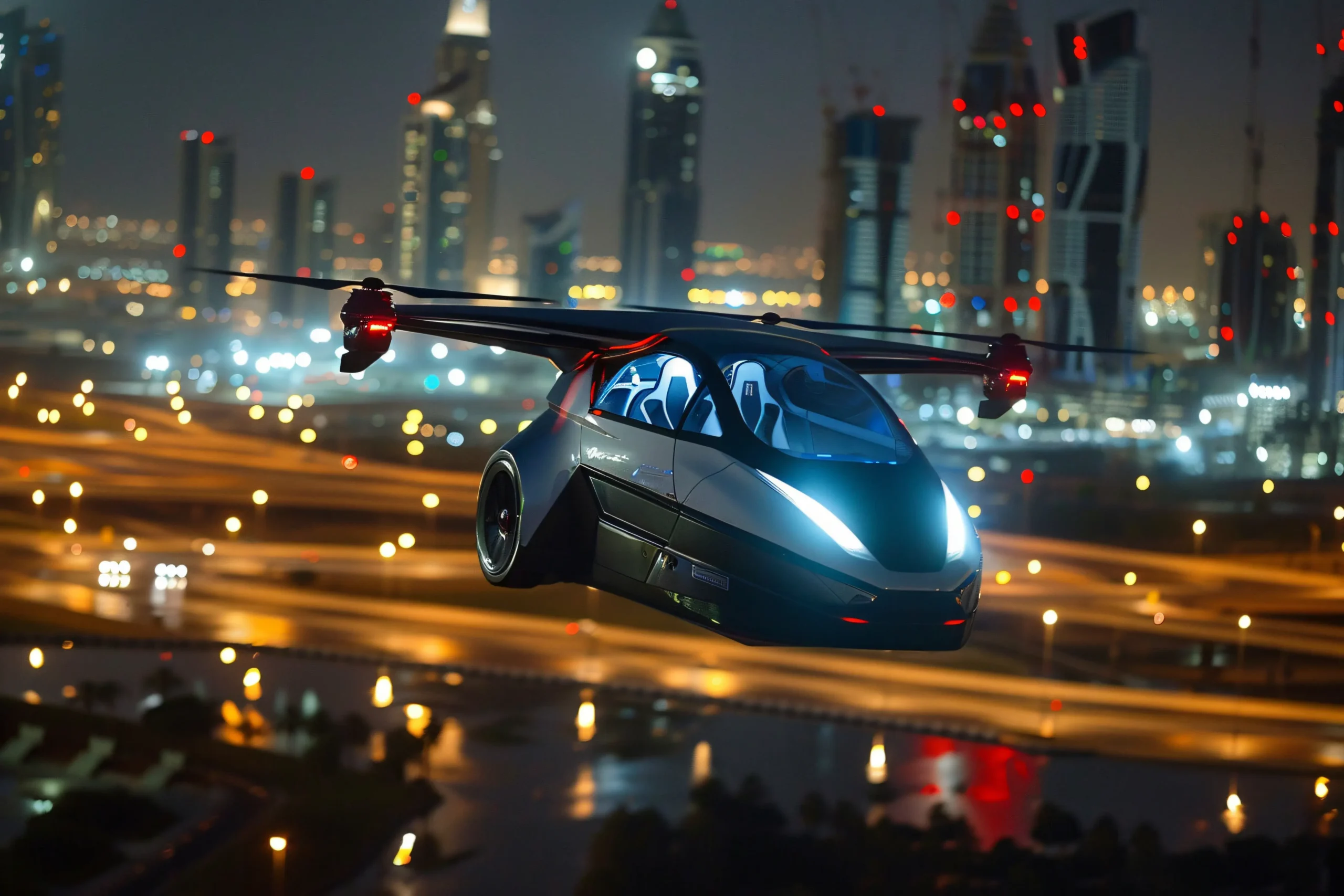 A Joby electric air taxi flying over a city skyline.