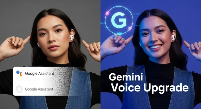 Realistic promo with model showcasing Galaxy Buds 3 Pro upgrade to Gemini voice assistant