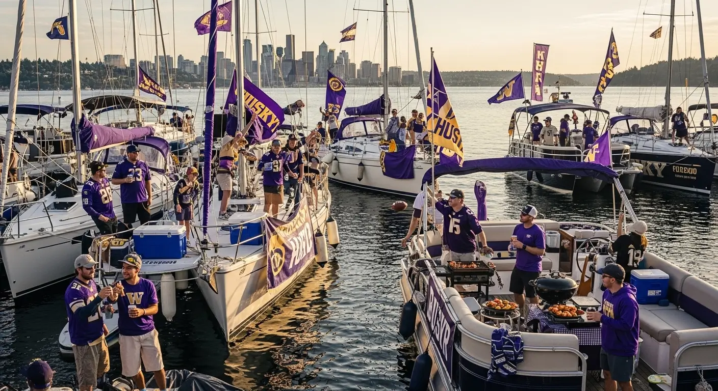 Fans sailgating on Lake Washington before Huskies vs Rams game