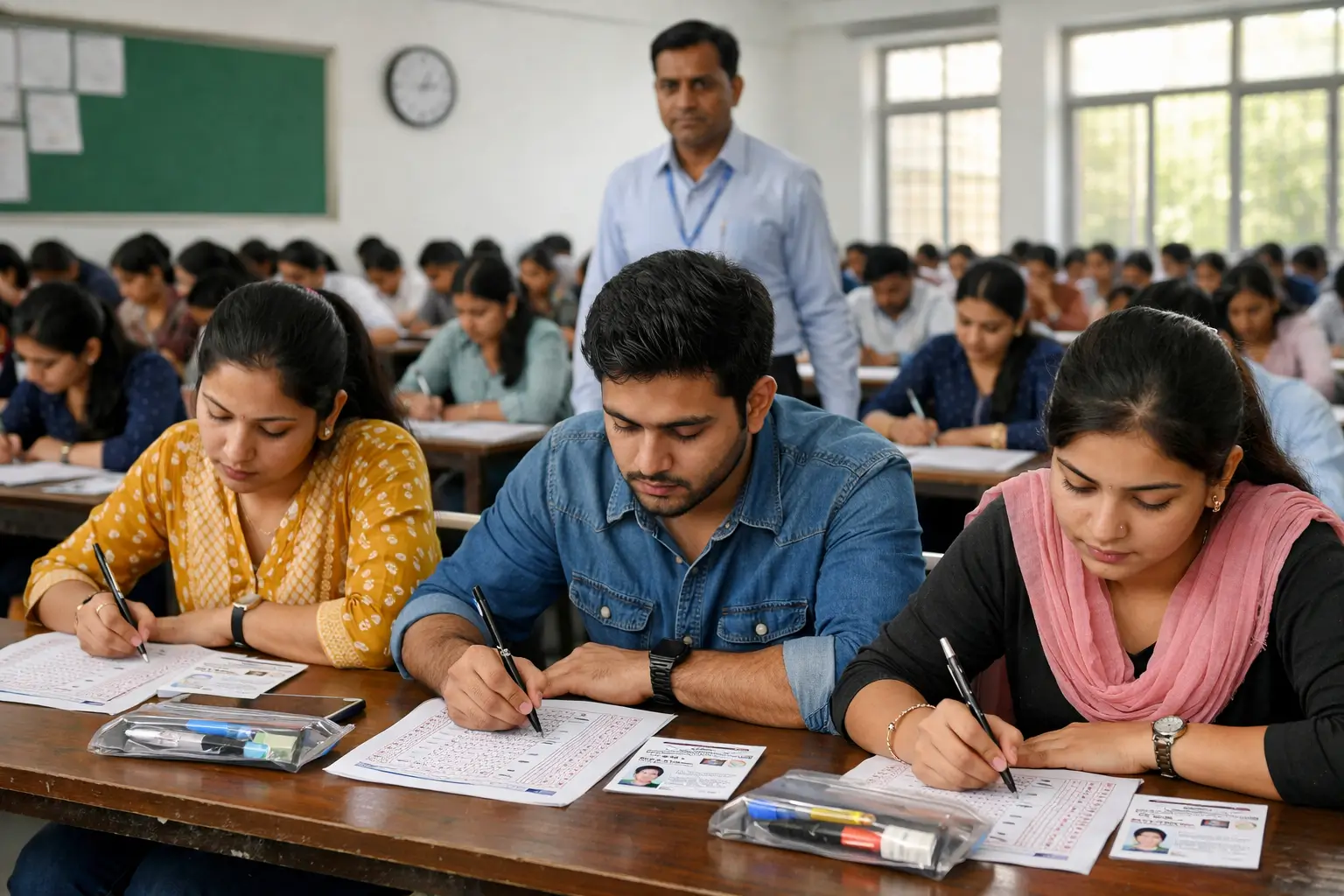 SikhoAI Students appearing for CTET February 2026 exam at an examination centre while an invigilator monitors the classroom.