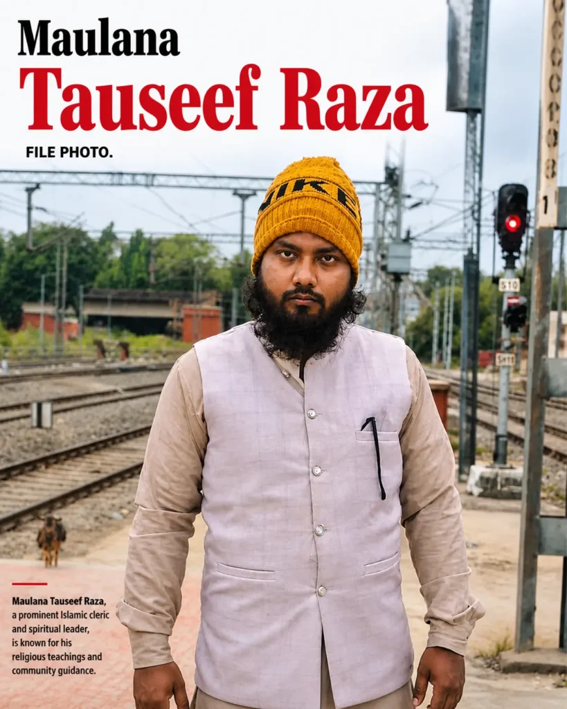 SikhoAI File photo portrait of Maulana Tauseef Raza standing near railway tracks in India, wearing a yellow knit cap and light traditional clothing, with railway signals and tracks visible in the background.