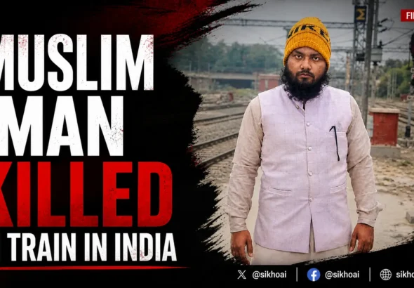 Portrait of Muslim cleric Tauseef Raza standing near railway tracks in India in a news graphic about his death after an alleged assault on a train in Bareilly. Bold headline reads “Muslim Man Killed in Train in India.”