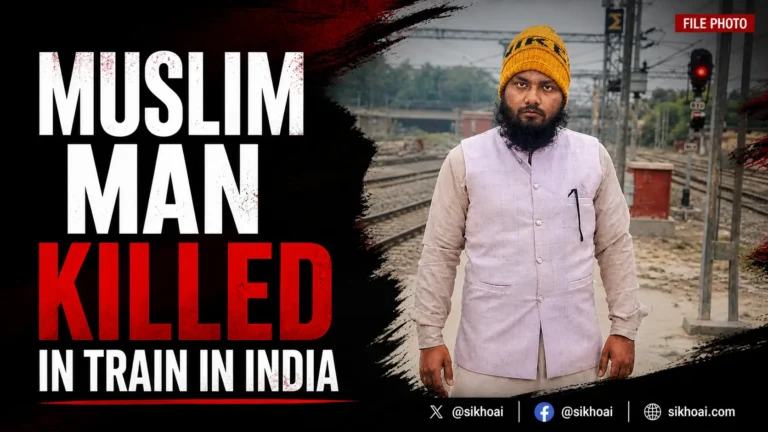 Portrait of Muslim cleric Tauseef Raza standing near railway tracks in India in a news graphic about his death after an alleged assault on a train in Bareilly. Bold headline reads “Muslim Man Killed in Train in India.”