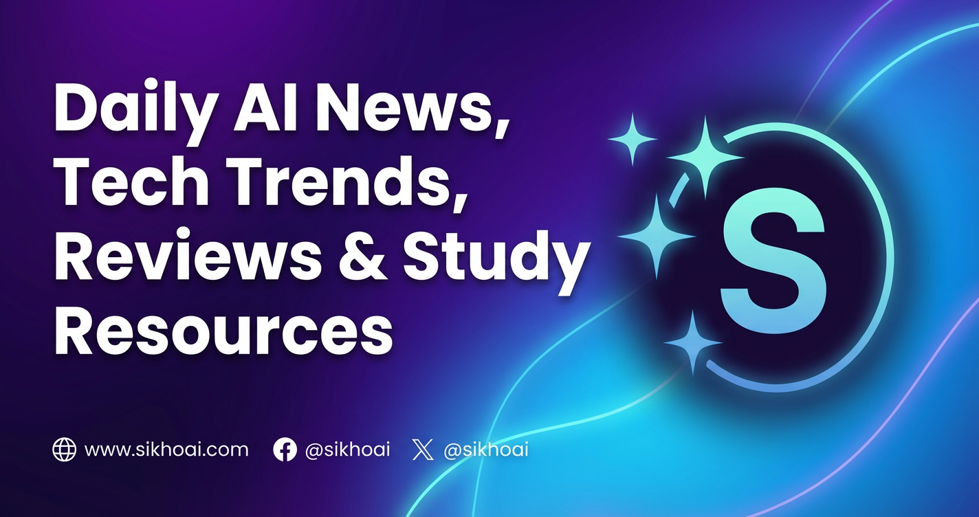 SikhoAI homepage banner showcasing daily AI news, technology trends, reviews and study resources with a modern tech design